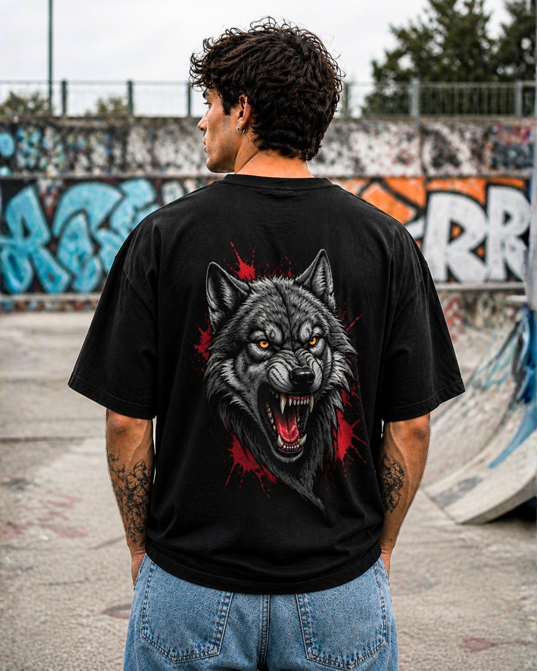 Oversized Black Angry Wolf Graphic T-Shirt for Men