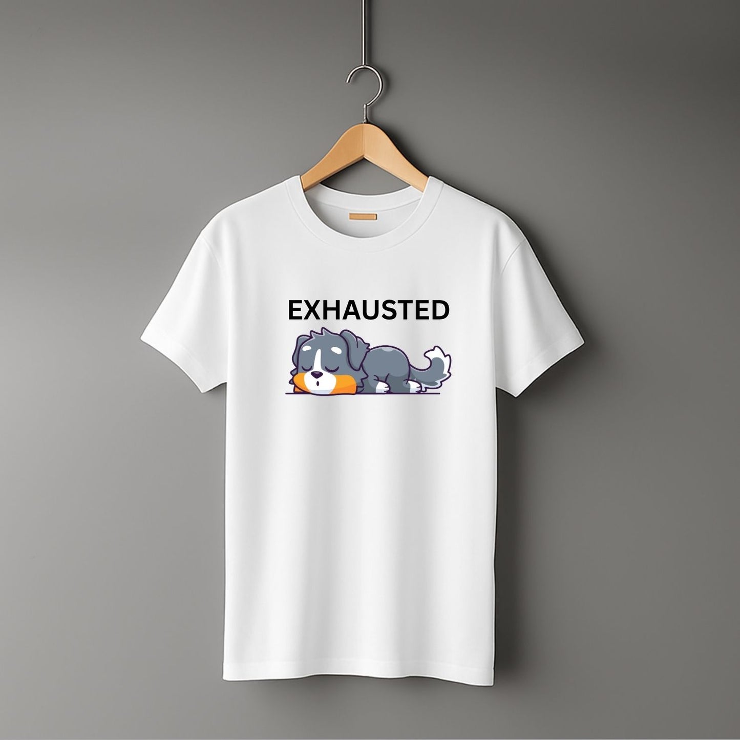 "Exhausted" Dog Graphic T-Shirt – Cute Sleeping Puppy Cartoon Print | 100% Cotton Unisex Tee for Dog Lovers
