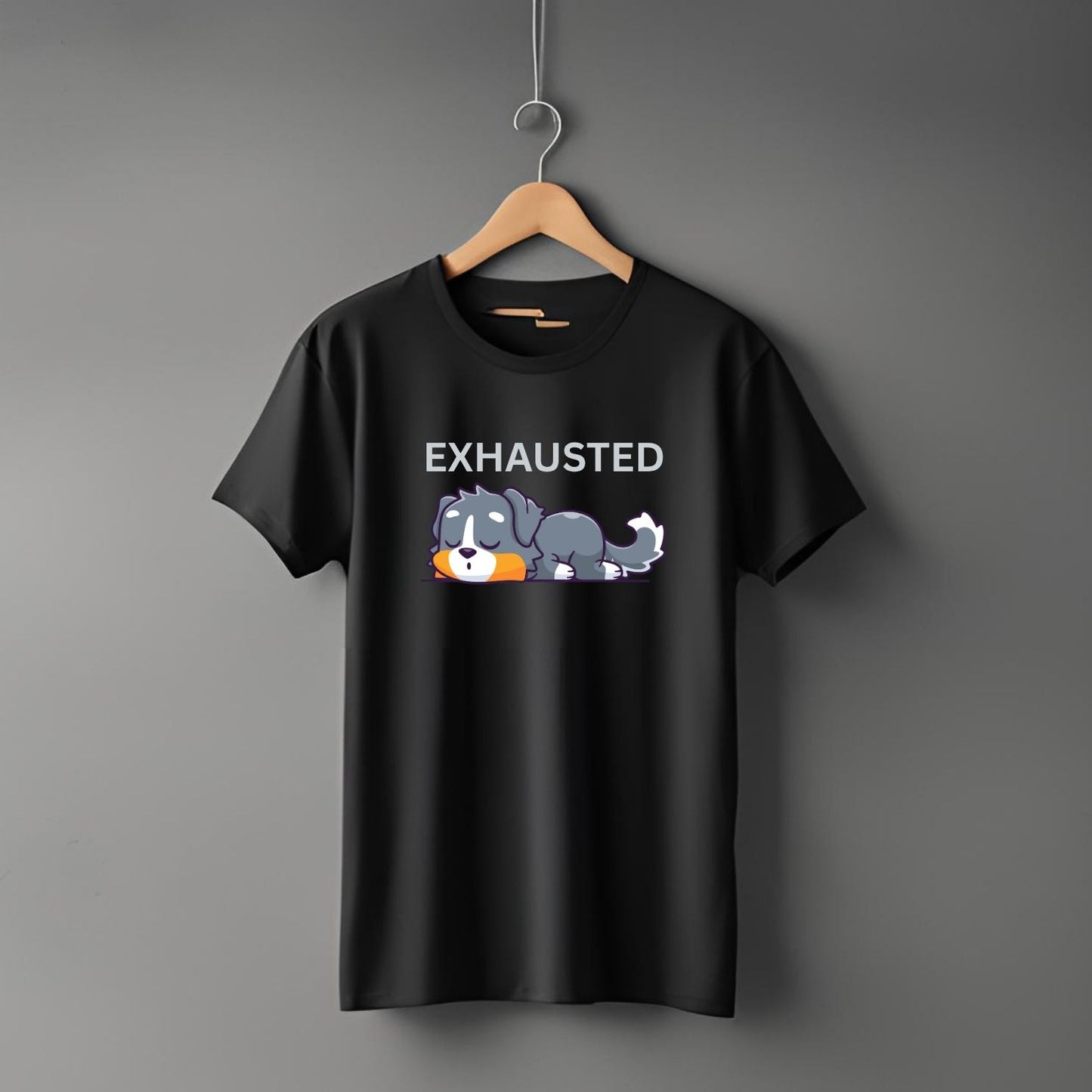 "Exhausted" Dog Graphic T-Shirt – Cute Sleeping Puppy Cartoon Print | 100% Cotton Unisex Tee for Dog Lovers