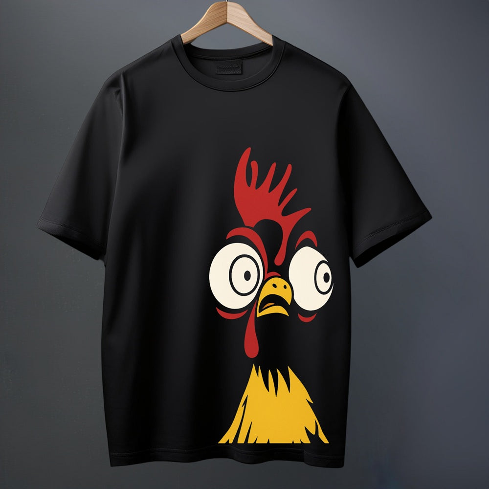 Funny Chicken Face Graphic T-Shirt – Cartoon Animal Print Black Tee | Quirky Oversized Cotton T-Shirt