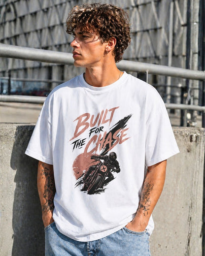 Oversized White “Built For The Chase” Graphic T-Shirt for Men