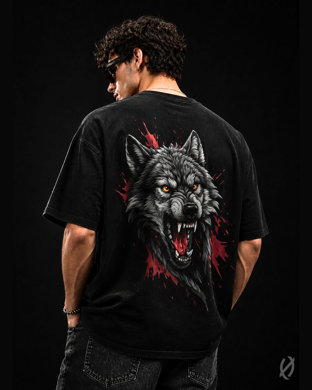 Oversized Black Angry Wolf Graphic T-Shirt for Men