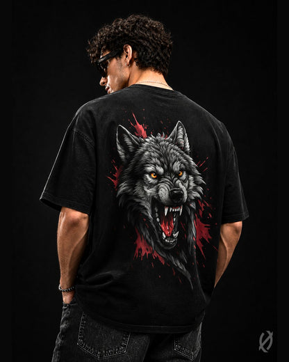 Oversized Black Angry Wolf Graphic T-Shirt for Men