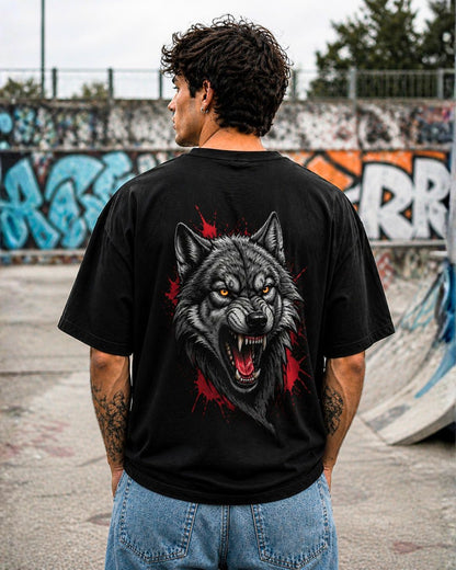 Oversized Black Angry Wolf Graphic T-Shirt for Men