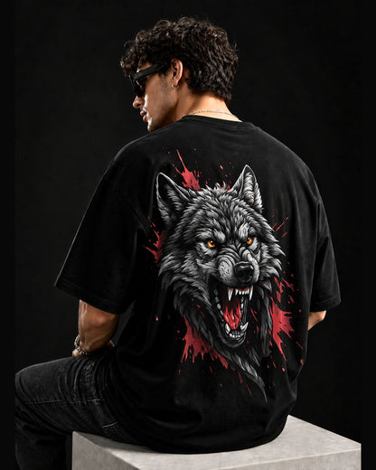 Oversized Black Angry Wolf Graphic T-Shirt for Men