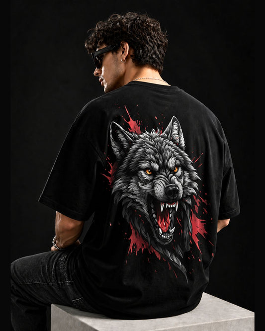Oversized Black Angry Wolf Graphic T-Shirt for Men