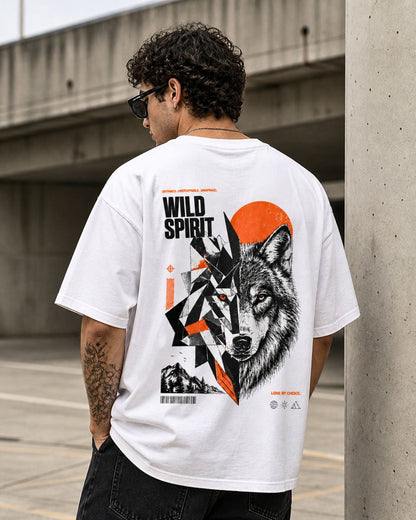 Oversized White Wild Spirit Wolf Graphic T-Shirt for Men