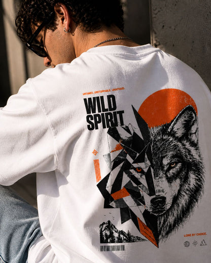 Oversized White Wild Spirit Wolf Graphic T-Shirt for Men