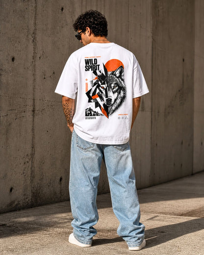 Oversized White Wild Spirit Wolf Graphic T-Shirt for Men