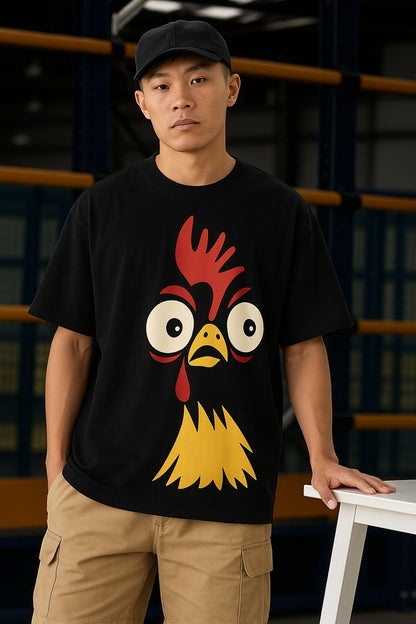 Funny Chicken Face Graphic T-Shirt – Cartoon Animal Print Black Tee | Quirky Oversized Cotton T-Shirt