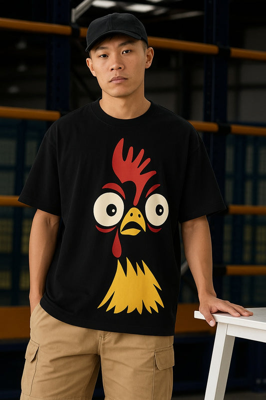 Funny Chicken Face Graphic T-Shirt – Cartoon Animal Print Black Tee | Quirky Oversized Cotton T-Shirt