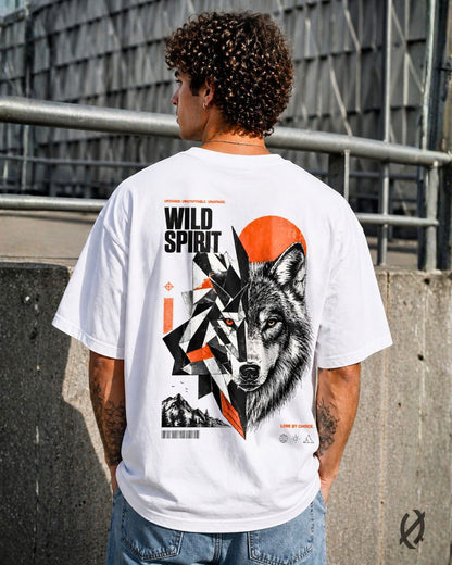 Oversized White Wild Spirit Wolf Graphic T-Shirt for Men