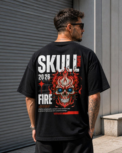 Oversized Black Skull Fire Graphic T-Shirt for Men