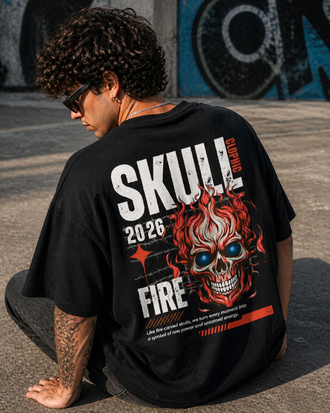 Oversized Black Skull Fire Graphic T-Shirt for Men