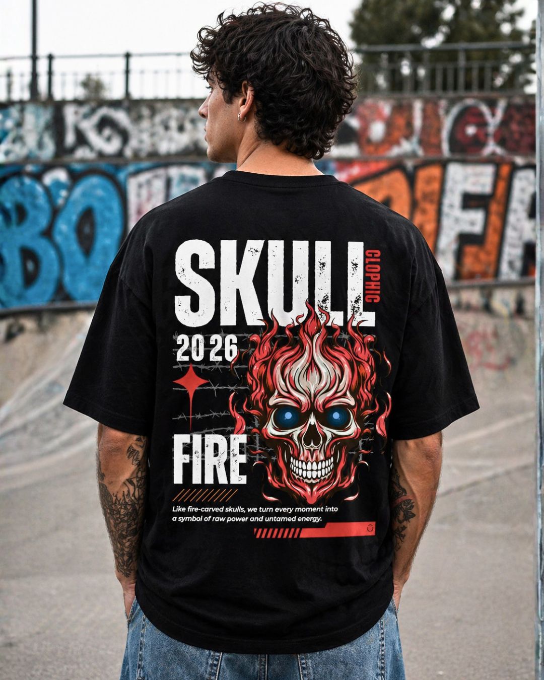 Oversized Black Skull Fire Graphic T-Shirt for Men