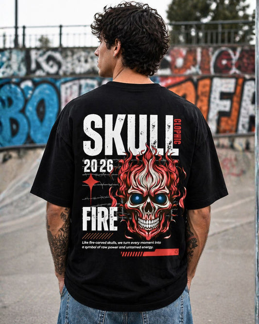 Oversized Black Skull Fire Graphic T-Shirt for Men
