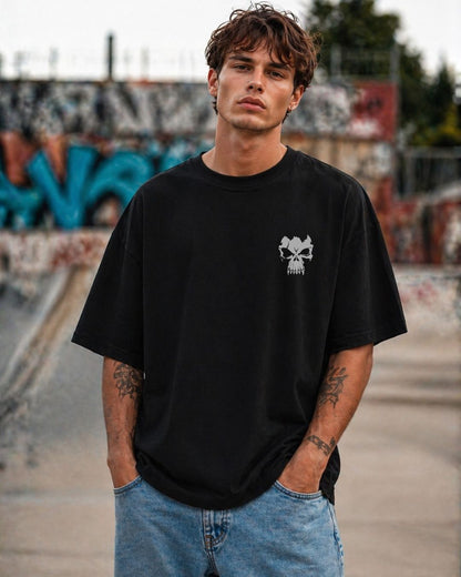 Oversized Black Skull Fire Graphic T-Shirt for Men