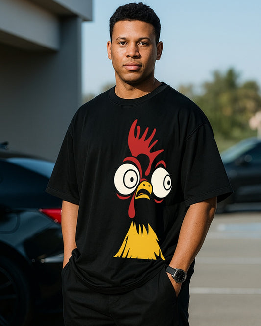 Funny Chicken Face Graphic T-Shirt – Cartoon Animal Print Black Tee | Quirky Oversized Cotton T-Shirt
