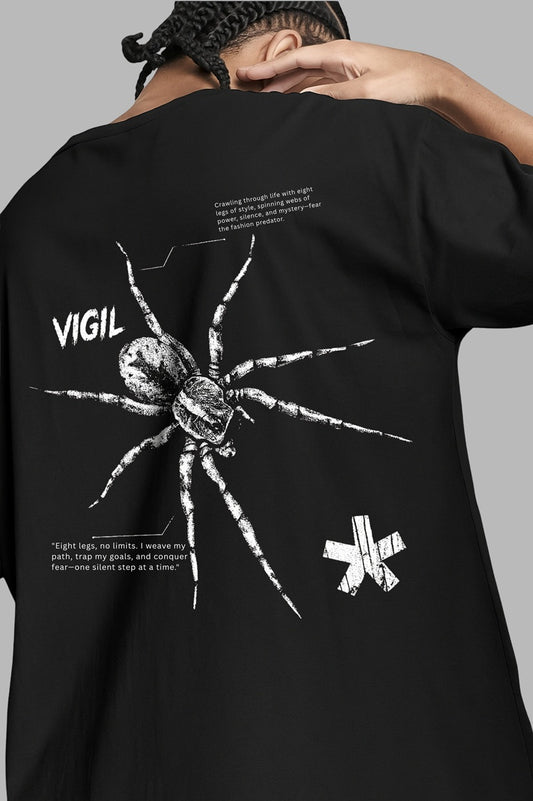 "VIGIL" Black Oversized T-Shirt with Spider Graphic | Gothic Streetwear - Clophic Trend