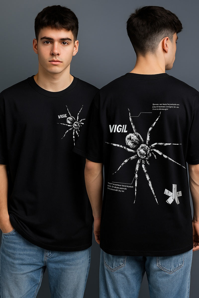 "VIGIL" Black Oversized T-Shirt with Spider Graphic | Gothic Streetwear - Clophic Trend