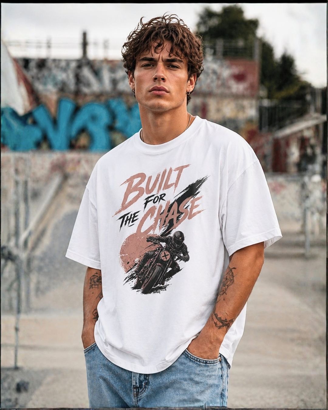 Oversized White “Built For The Chase” Graphic T-Shirt for Men