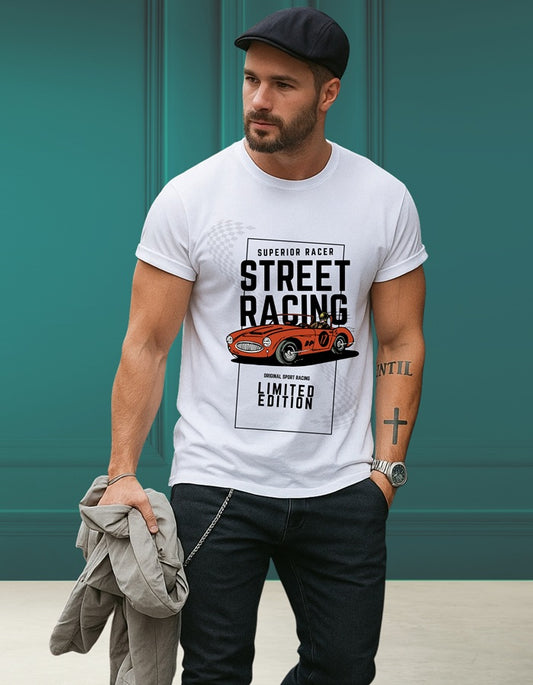 "Street racing” Half Sleeve Round Neck Unisex Cotton T-Shirt