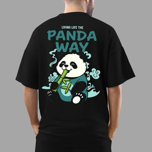 Panda Way Printed Oversized T-Shirt – Cute Bamboo Eating Panda Graphic | Unisex 100% Cotton Relaxed Fit Tee for Animal & Chill Vibes Lovers