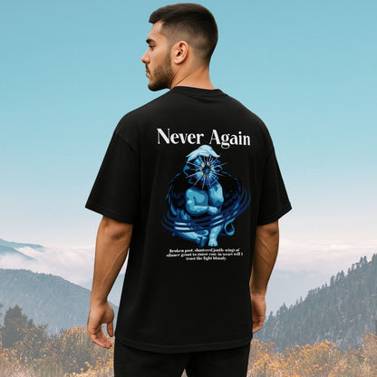Never Again Graphic Oversized Black T-Shirt | Dark Anime Streetwear for Men & Women