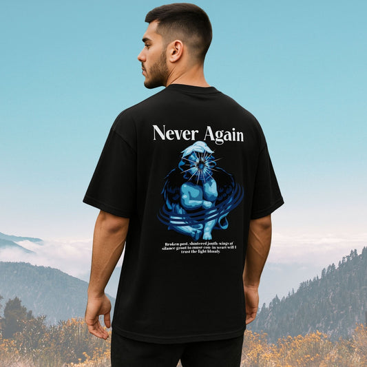 Never Again Graphic Oversized Black T-Shirt | Dark Anime Streetwear for Men & Women