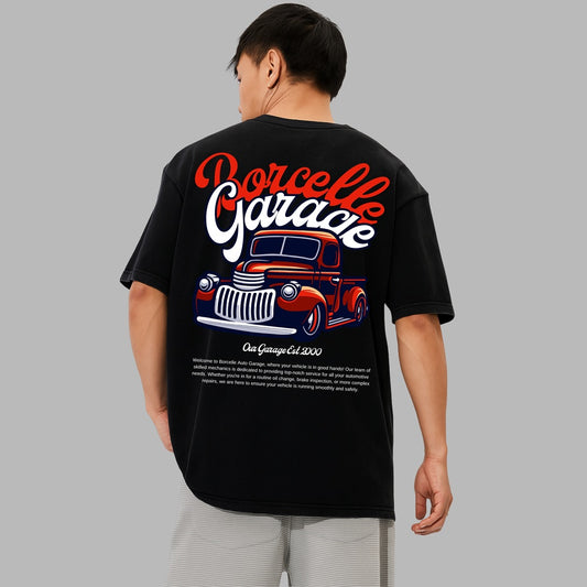 Porcelle Garage Oversized T-Shirt | Vintage Car Print Cotton T-Shirt | Unisex Streetwear