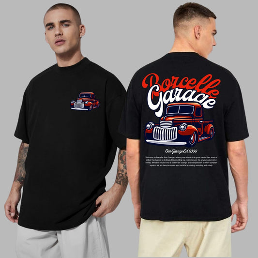Porcelle Garage Oversized T-Shirt | Vintage Car Print Cotton T-Shirt | Unisex Streetwear