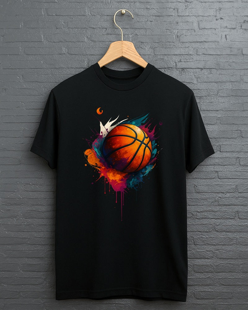 Men’s Black Graphic T-Shirt with Colorful Basketball Print – Sports & Streetwear Style