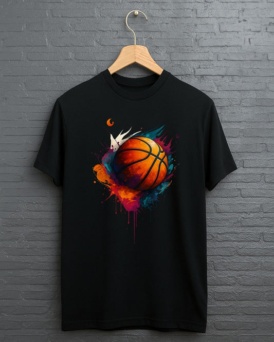 Men’s Black Graphic T-Shirt with Colorful Basketball Print – Sports & Streetwear Style