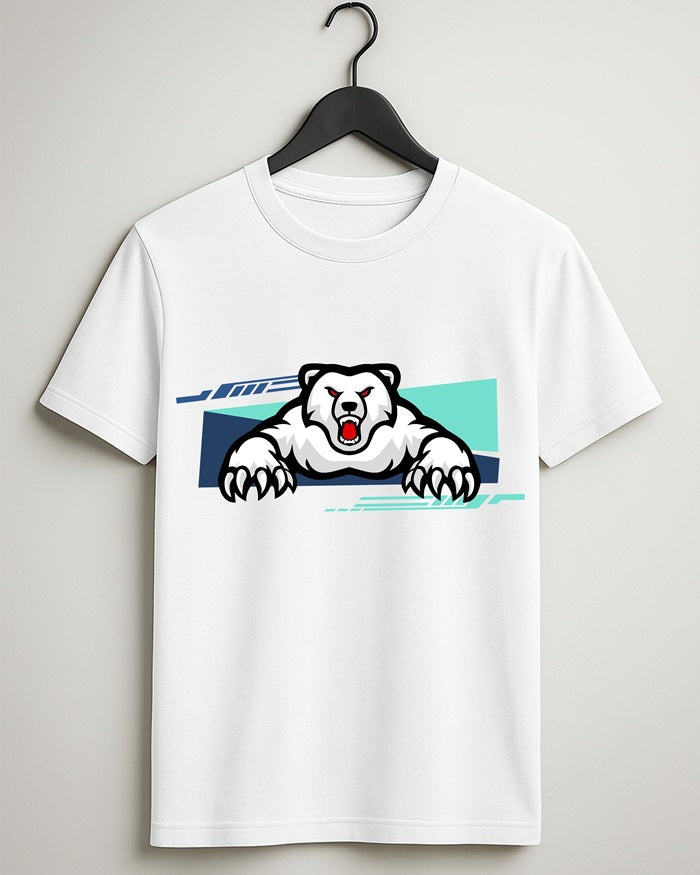 White Graphic Angry Polar Bear Print Cotton Tee Half Sleeve Round Neck