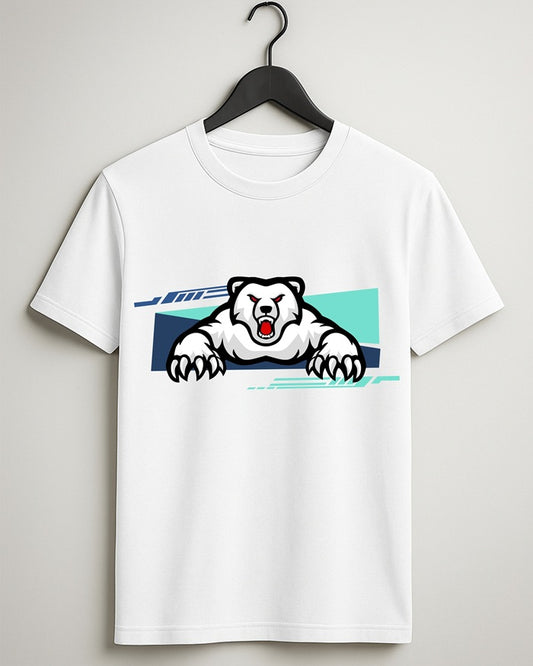 White Graphic Angry Polar Bear Print Cotton Tee Half Sleeve Round Neck
